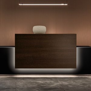 Glass-ceramic shelf of the Lux reception counter by Bralco