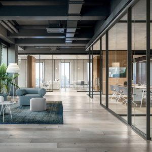 Glass partition wall M1 by Quadrifoglio in a corporate office