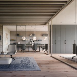 M2 partition with twin glass panes for acoustic separation by Quadrifoglio