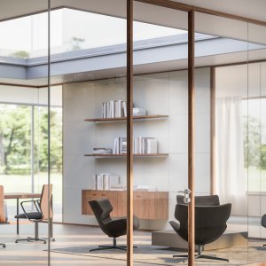 Cabin bounded by a full height glazed partition wall by Quadrifoglio