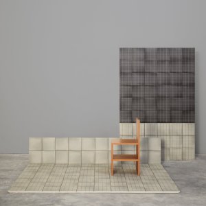 Aurore Charcoal and Light Blue Grid L tiles in a contrast layout