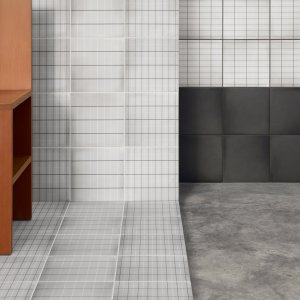 Shower area in Aurore Light Blue Grid S by Vincent Van Duysen