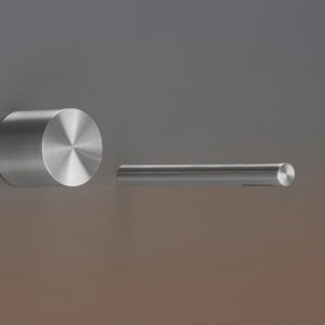 Detail view of the Opus wall-mounted progressive mixer in satin steel