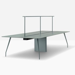 Polished LU frame and curved legs of the Rizz table in profile