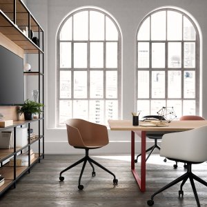 Orgatower unit with open shelf next to Pigreco desks