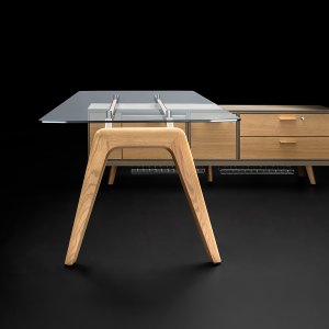 Rail executive desk by Bralco with tempered glass top and integrated wooden shelf