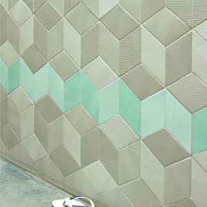 Cafeteria wall in Tex Blue above teak benches