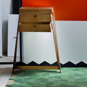 Tex rhombus tiles by Mutina in Olive with woven relief on a Mumbai office wall