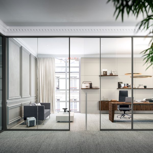 Large operative floor with modular Quadrifoglio workstations configured to the plan