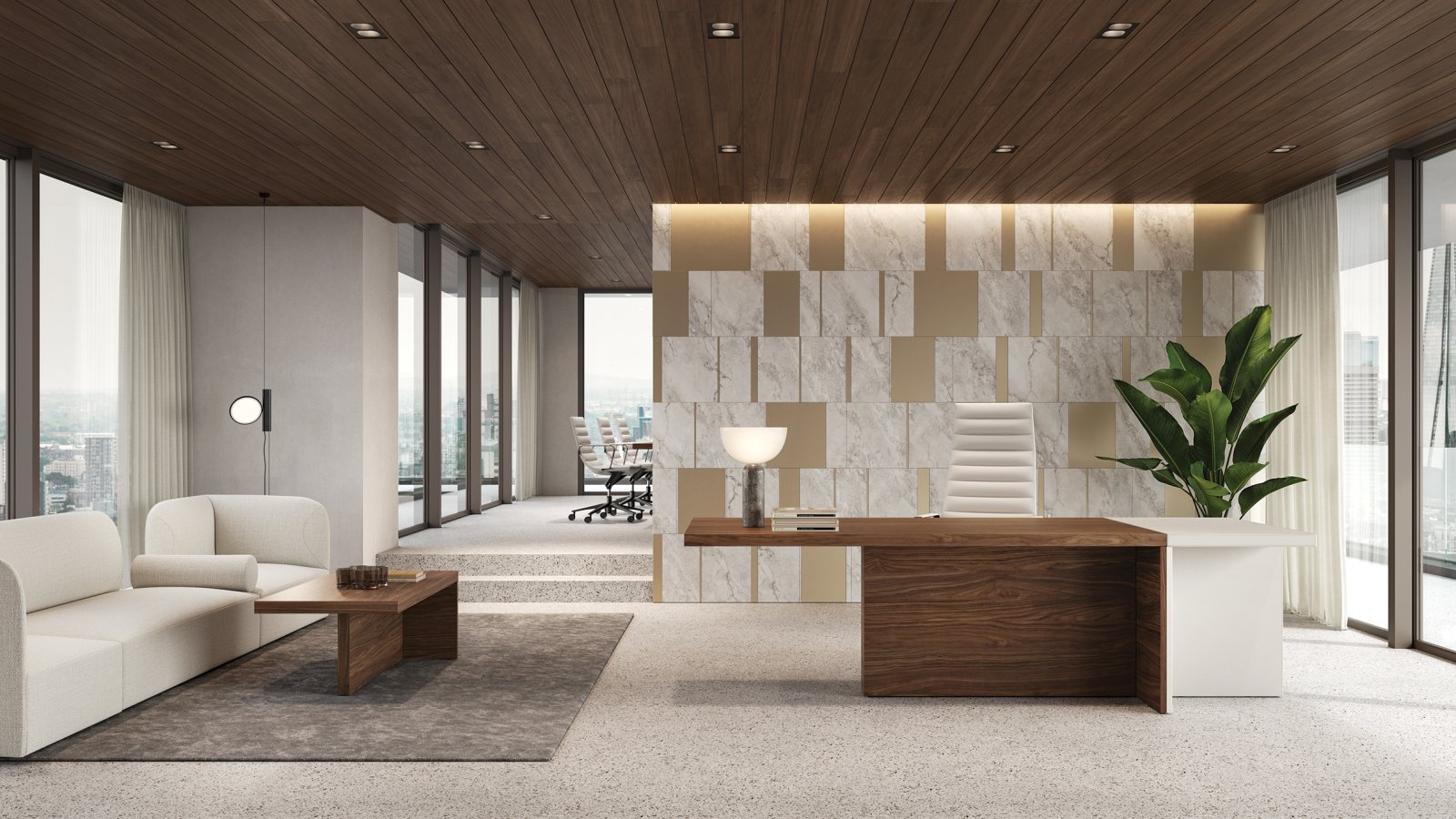 White-glove installation team fitting Italian office furniture in a corporate headquarters